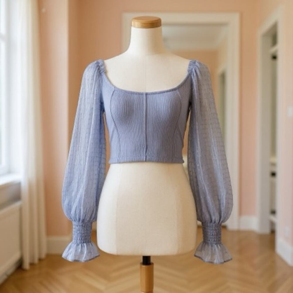 Urban Outfitters Cynthia Ribbed Crop Top Sheer Swiss Dot Sleeves Small